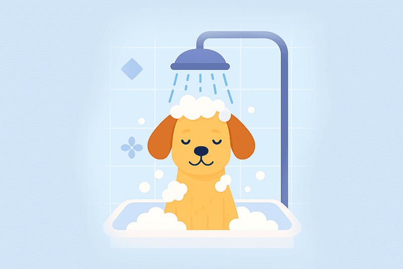 Cachorro tomando banho no box